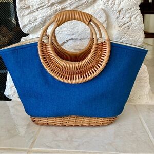 NWOT Straw Studios woven tote w/blue denim like fabric body and rattan handles